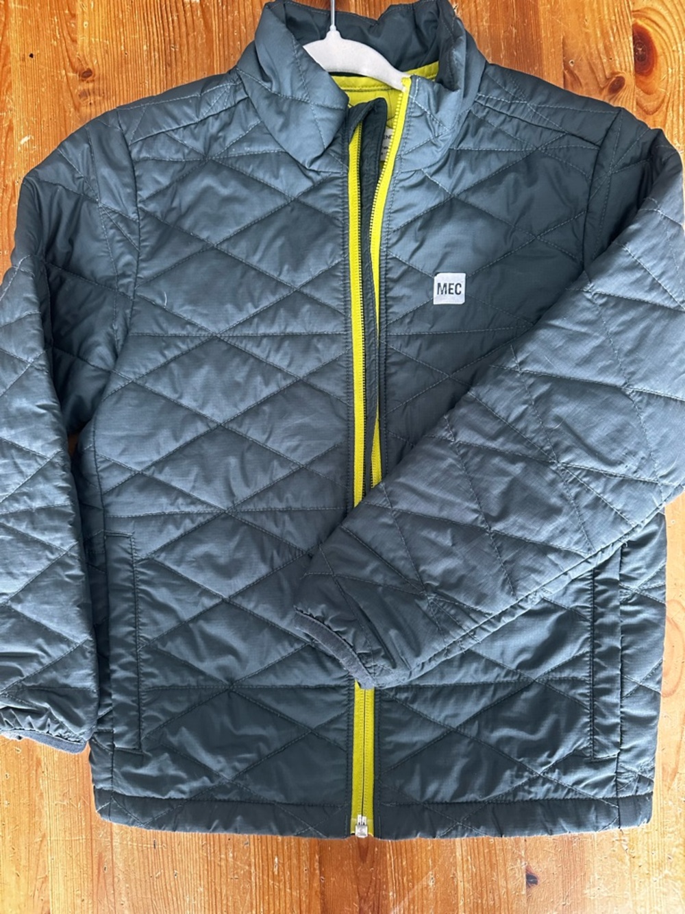 MEC Boy Quilted Jacket in Dark Green with Lime Trim